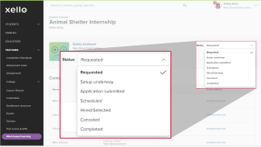 A student's opportunity request is open with the Status dropdown open and highlighted. The Requested status is selected. Other statuses include Setup underway, Scheduled, Hired/Selected, Completed.